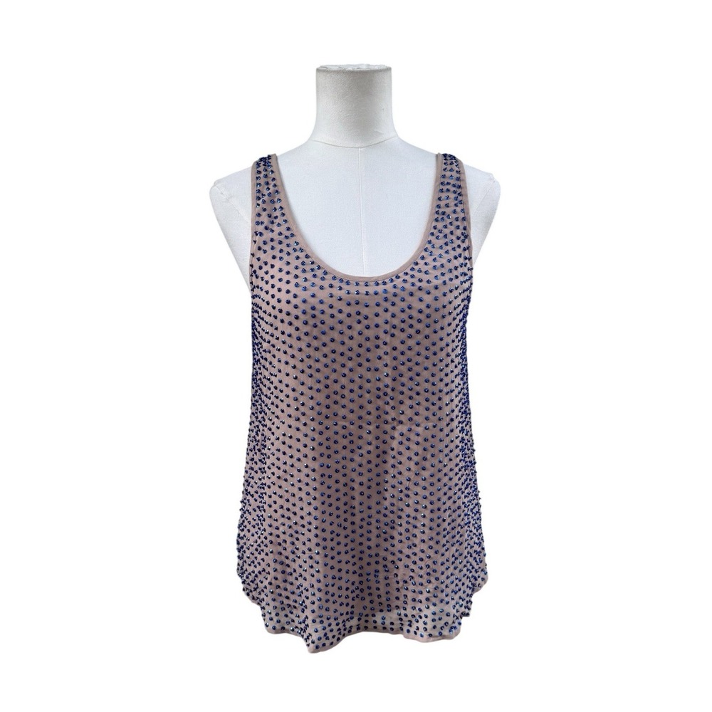 French Connection Nude Mesh Blue Rhinestone Tank Top Sleeveless Party Top 8